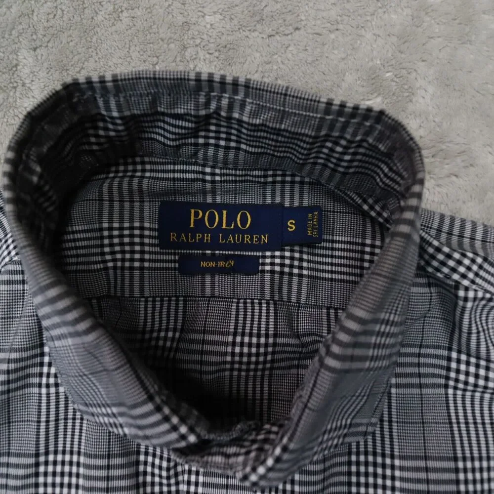 Polo Ralph Lauren Men's Black White Plaid Non-Iron Button‎ Up Shirt size Small